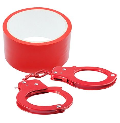 Набор для фиксации BONDX METAL CUFFS AND RIBBON: красные наручники из листового материала и липкая лента - Dream Toys - купить с доставкой в Санкт-Петербурге