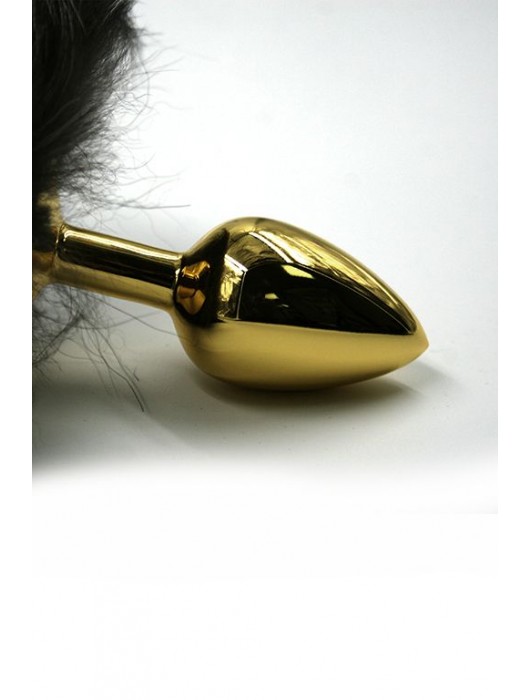 Золотистая алюминиевая анальная пробка с чёрным хвостом из натурального меха - Kanikule