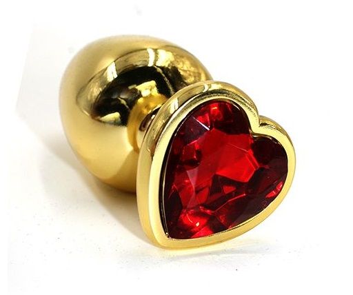 Золотистая алюминиевая анальная пробка с красным кристаллом-сердцем - 8,4 см. - Kanikule - купить с доставкой в Санкт-Петербурге