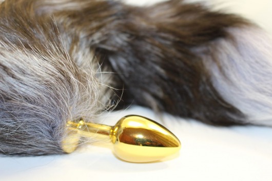 Золотистая анальная пробка с чёрным лисьим хвостом - 4sexdreaM - купить с доставкой в Санкт-Петербурге