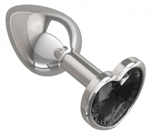 Серебристая анальная втулка с чёрным кристаллом-сердцем - 7 см. - Джага-Джага - купить с доставкой в Санкт-Петербурге