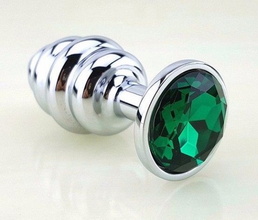 Серебристая фигурная анальная пробка с зеленым стразом - 8 см. - 4sexdreaM - купить с доставкой в Санкт-Петербурге