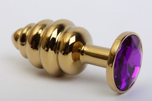 Золотистая рифлёная пробка с фиолетовым стразом - 8,2 см. - 4sexdreaM - купить с доставкой в Санкт-Петербурге