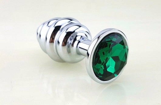 Серебристая рифлёная пробка с зеленым кристаллом - 9 см. - 4sexdreaM - купить с доставкой в Санкт-Петербурге