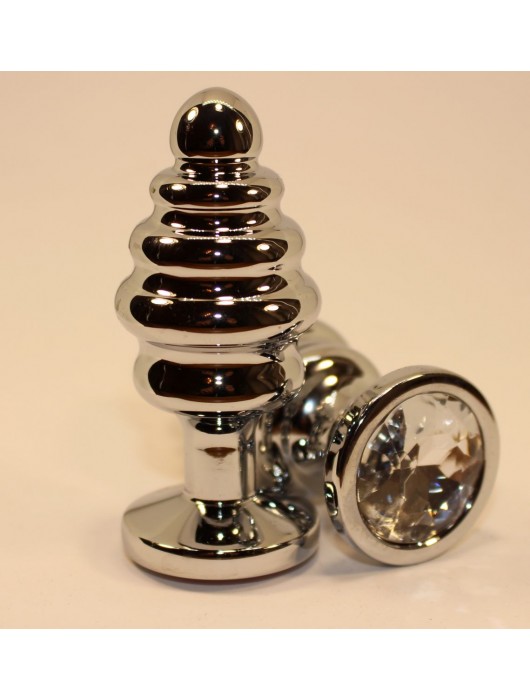 Серебристая рифленая пробка с прозрачным кристаллом - 9 см. - 4sexdreaM - купить с доставкой в Санкт-Петербурге