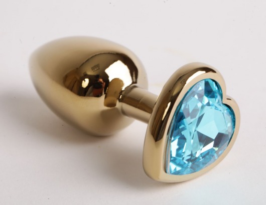 Золотистая анальная пробка с голубым кристаллом-сердцем - 9 см. - 4sexdreaM - купить с доставкой в Санкт-Петербурге