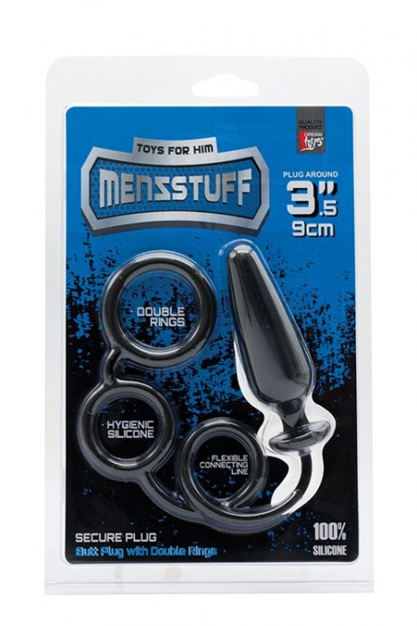 Чёрное эрекционное кольцо с подхватом и анальным стимулятором MENZSTUFF 3.5INCH DOUBLE RING ANAL PLUG - Dream Toys - в Санкт-Петербурге купить с доставкой