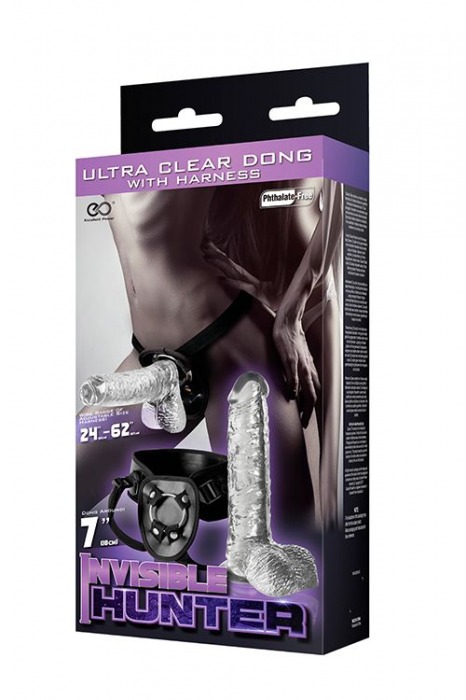 Прозрачный фаллоимитатор с креплением на поясе кольцом INVISIBLE HUNTER 7INCH DONG AND HARNESS - 17,8 см. - NMC - купить с доставкой в Санкт-Петербурге