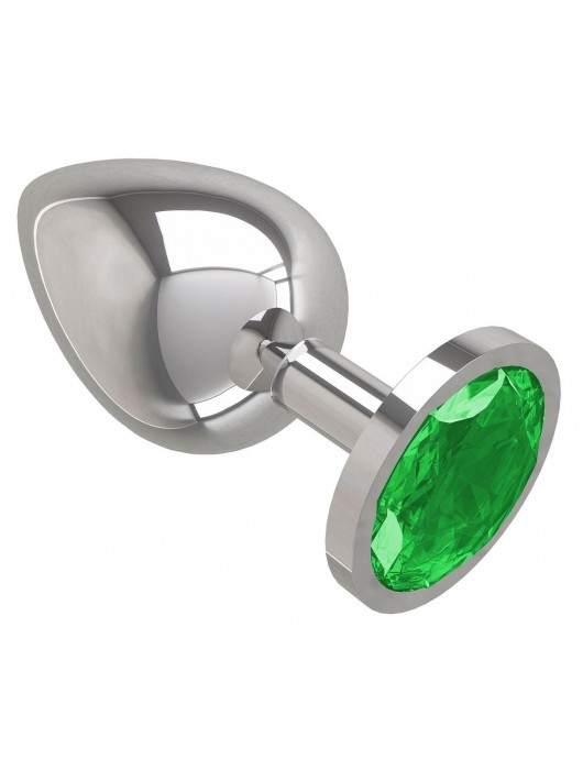 Серебристая большая анальная пробка с зеленым кристаллом - 9,5 см. - Джага-Джага - купить с доставкой в Санкт-Петербурге