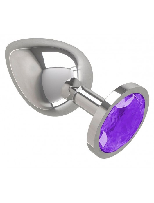 Серебристая большая анальная пробка с фиолетовым кристаллом - 9,5 см. - Джага-Джага - купить с доставкой в Санкт-Петербурге