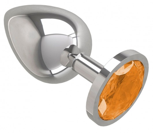Серебристая большая анальная пробка с оранжевым кристаллом - 9,5 см. - Джага-Джага - купить с доставкой в Санкт-Петербурге
