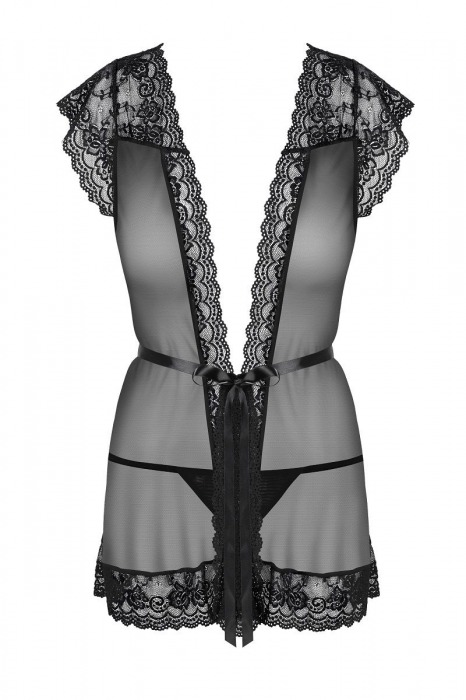 Коротенький пеньюар с атласным пояском и кружевами - Obsessive купить с доставкой
