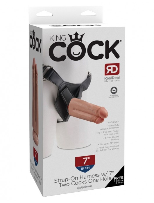 Телесный сдвоенный поясной страпон Strap-On Harness with 7  Two Cocks One Hole - 19,1 см. - Pipedream - купить с доставкой в Санкт-Петербурге
