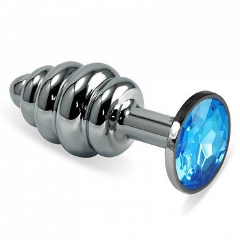 Серебристая фигурная анальная пробка с голубым кристаллом - 8,5 см. - 4sexdreaM - купить с доставкой в Санкт-Петербурге