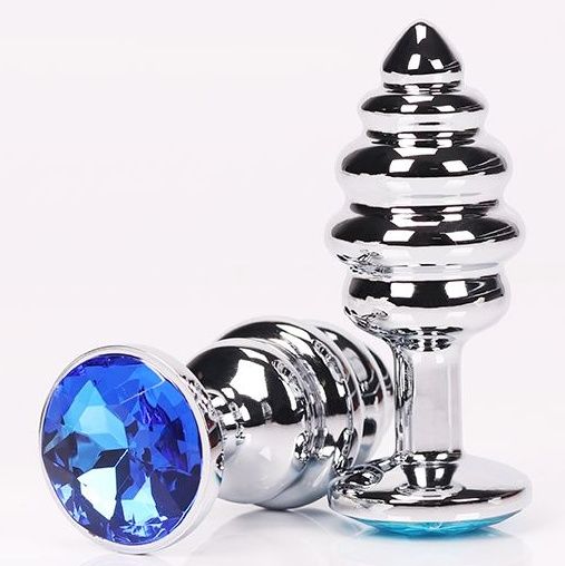 Серебристая фигурная анальная пробка с синим кристаллом - 8 см. - 4sexdreaM - купить с доставкой в Санкт-Петербурге