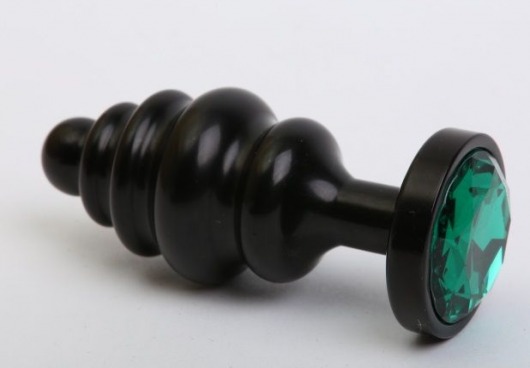 Черная фигурная анальная пробка с зеленым кристаллом - 8,2 см. - 4sexdreaM - купить с доставкой в Санкт-Петербурге