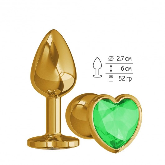 Золотистая анальная втулка с зеленым кристаллом-сердцем - 7 см. - Джага-Джага - купить с доставкой в Санкт-Петербурге