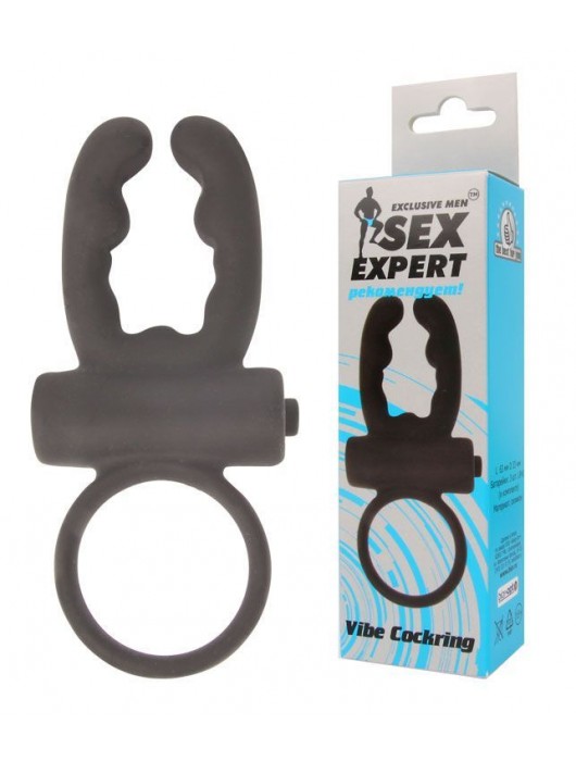 Чёрное эрекционное кольцо с вибрацией и рожками Sex Expert - Sex Expert - в Санкт-Петербурге купить с доставкой