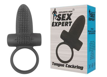 Чёрное эрекционное кольцо с вибрацией и язычком Sex Expert - Bior toys - в Санкт-Петербурге купить с доставкой
