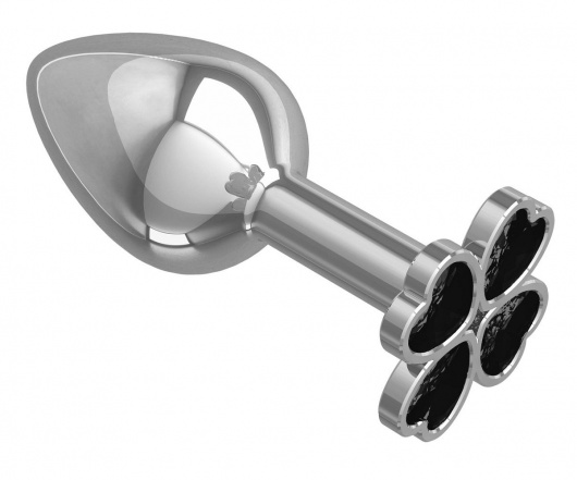 Серебристая анальная втулка с клевером из чёрных кристаллов - 7 см. - Джага-Джага - купить с доставкой в Санкт-Петербурге