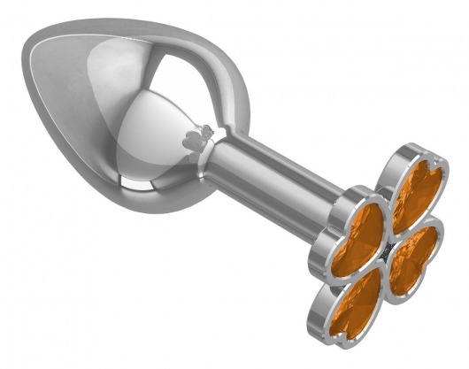 Серебристая анальная втулка с клевером из оранжевых кристаллов - 7 см. - Джага-Джага - купить с доставкой в Санкт-Петербурге