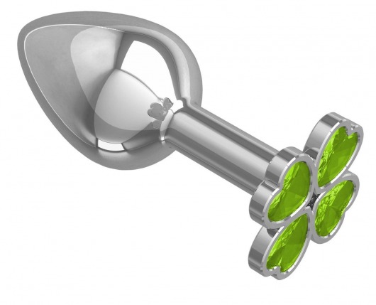 Серебристая анальная втулка с клевером из лаймовых кристаллов - 7 см. - Джага-Джага - купить с доставкой в Санкт-Петербурге