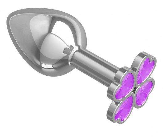 Серебристая анальная втулка с клевером из сиреневых кристаллов - 7 см. - Джага-Джага - купить с доставкой в Санкт-Петербурге