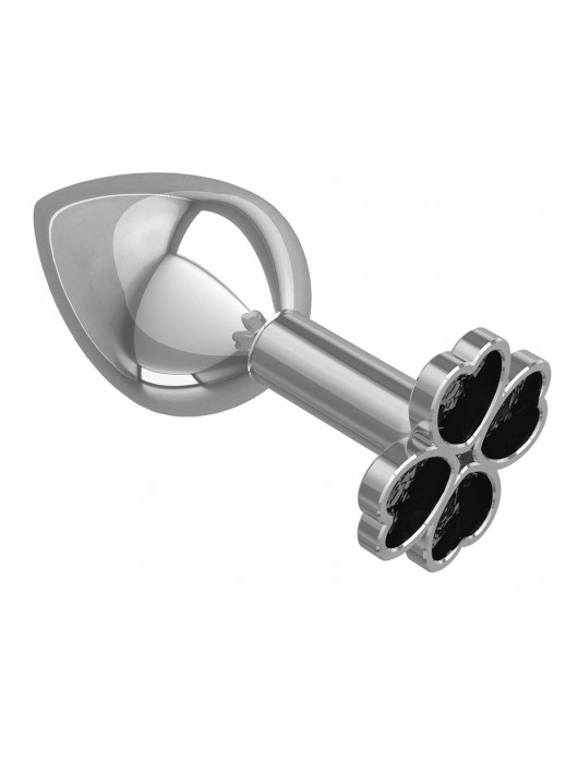 Средняя серебристая анальная втулка с клевером из черных кристаллов - 8,5 см. - Джага-Джага - купить с доставкой в Санкт-Петербурге