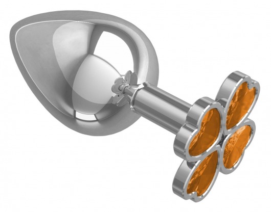 Серебристая анальная пробка-клевер с оранжевым кристаллом - 9,5 см. - Джага-Джага - купить с доставкой в Санкт-Петербурге