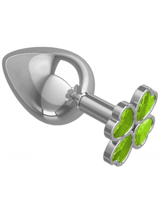 Серебристая анальная пробка-клевер с салатовым кристаллом - 9,5 см. - Джага-Джага - купить с доставкой в Санкт-Петербурге