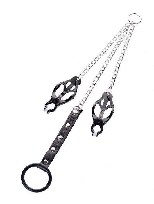 Черно-серебристые зажимы для сосков с кольцом для пениса TOYFA Metal - ToyFa - купить с доставкой в Санкт-Петербурге