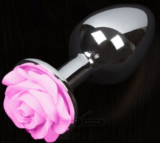 Серая анальная пробка с розовой розочкой - 8,5 см. - Пикантные штучки - купить с доставкой в Санкт-Петербурге