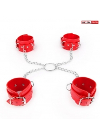 Комплект красных наручников и оков на металлических креплениях с кольцом - Notabu - купить с доставкой в Санкт-Петербурге