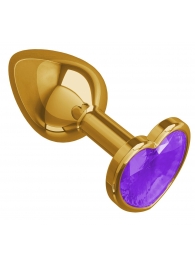 Золотистая анальная втулка с фиолетовым кристаллом-сердцем - 7 см. - Джага-Джага - купить с доставкой в Санкт-Петербурге