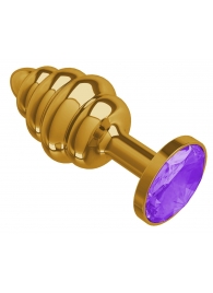 Золотистая пробка с рёбрышками и фиолетовым кристаллом - 7 см. - Джага-Джага - купить с доставкой в Санкт-Петербурге